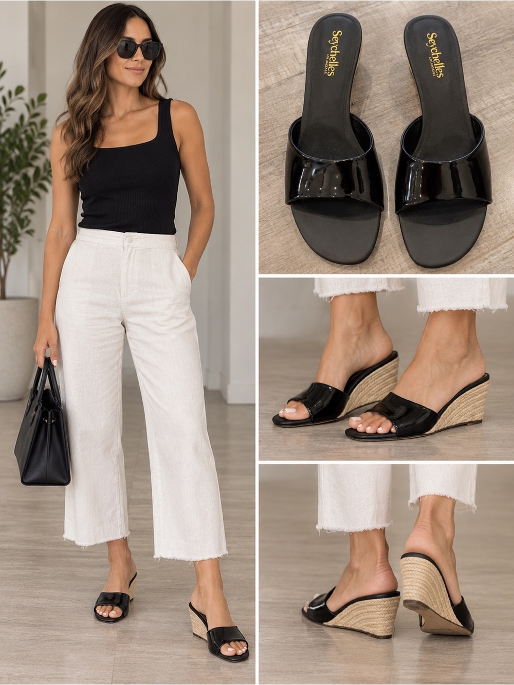 Seychelles Black Leather-Look Wedge Slide Sandals
